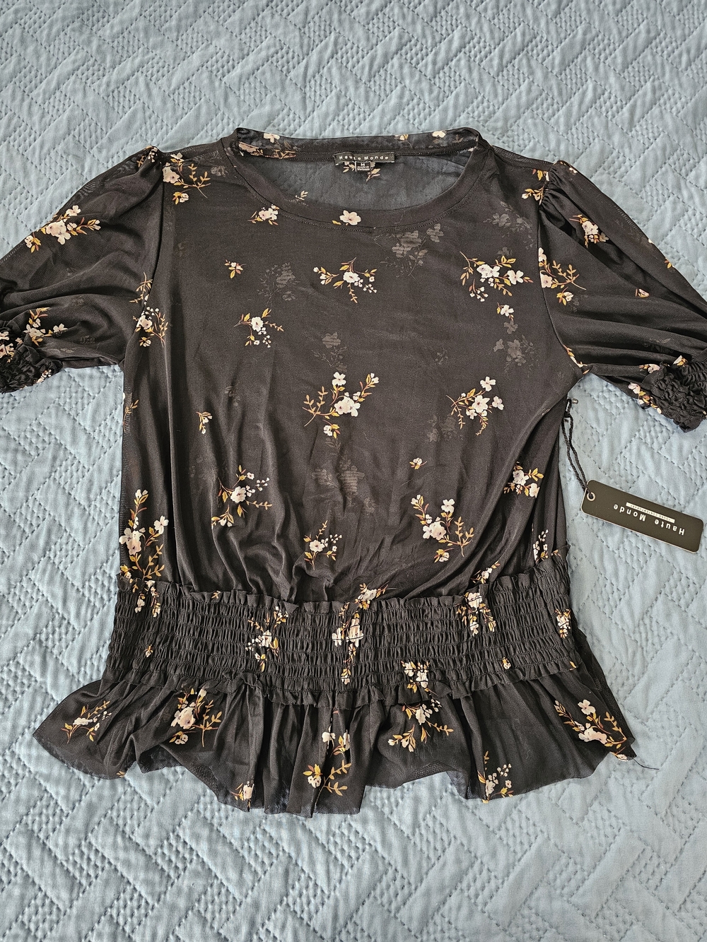 Haute Monde Black Floral Smocked Peplum Puff Sleeve Top